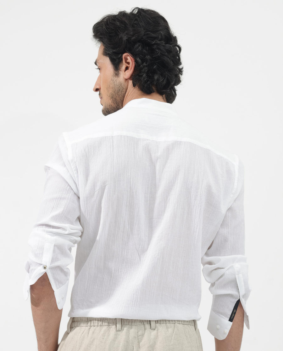 Rare Rabbit Men's Crinkle Ls White Cotton Plain Regular Fit Full Sleeve Mandarin Collar Shirt
