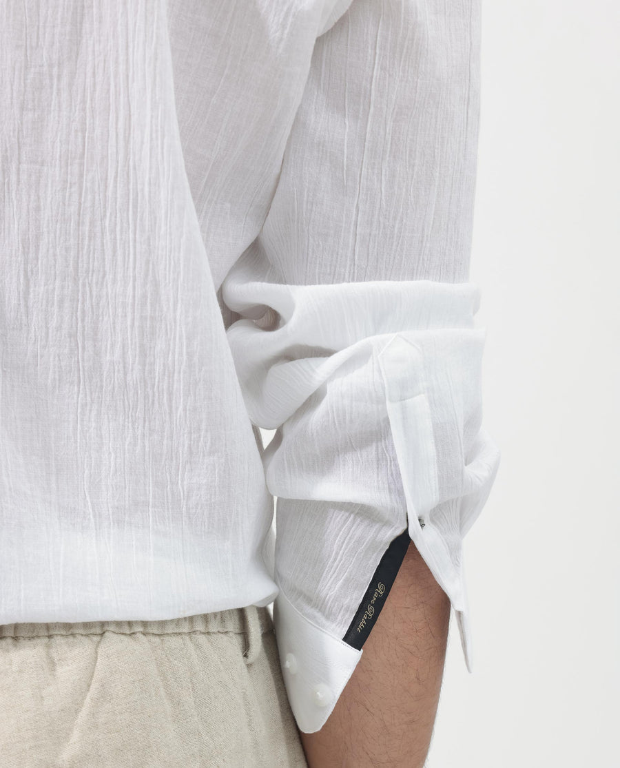 Rare Rabbit Men's Crinkle Ls White Cotton Plain Regular Fit Full Sleeve Mandarin Collar Shirt