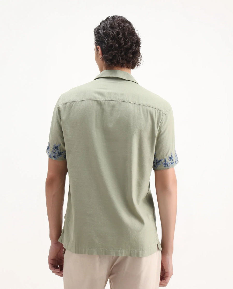 Rare Rabbit Men's Aria Olive Viscose Embroidered Boxy Fit Half Sleeve Cuban Collar Shirt