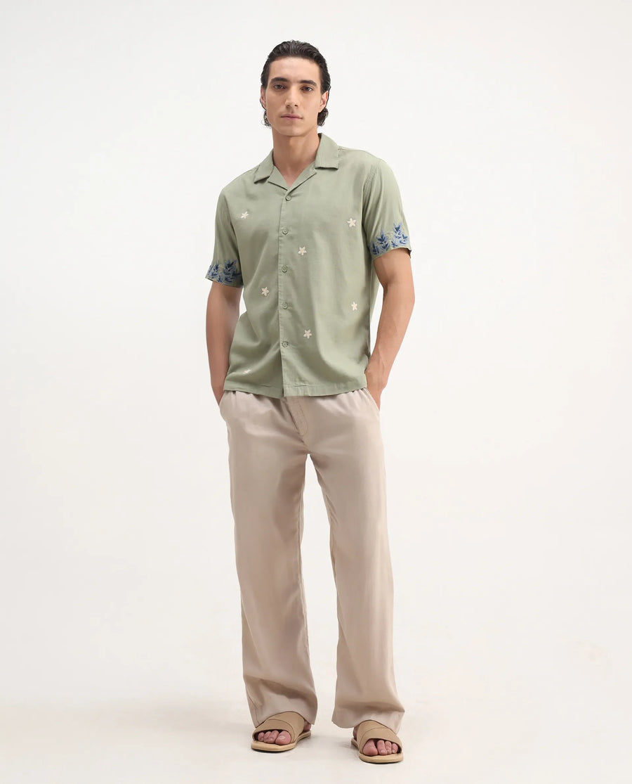 Rare Rabbit Men's Aria Olive Viscose Embroidered Boxy Fit Half Sleeve Cuban Collar Shirt