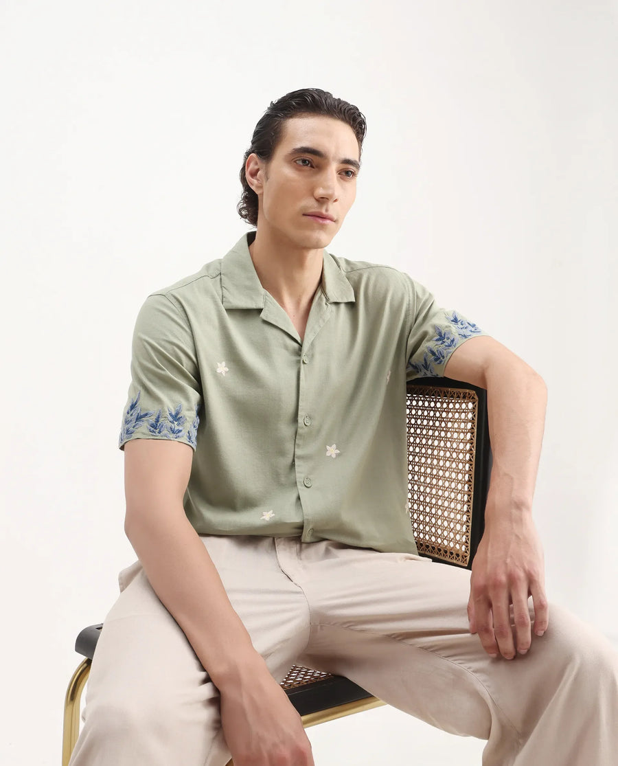Rare Rabbit Men's Aria Olive Viscose Embroidered Boxy Fit Half Sleeve Cuban Collar Shirt