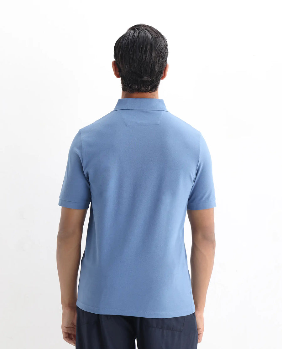 Rare Rabbit Men's Arko Blue Cotton Blend Plain Regular Fit Half Sleeve Polo