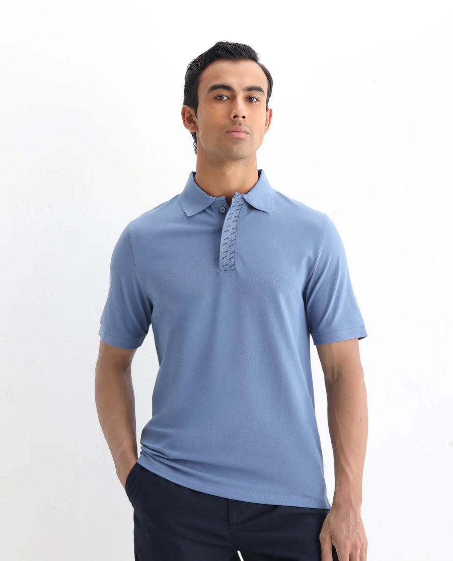 Rare Rabbit Men's Arko Blue Cotton Blend Plain Regular Fit Half Sleeve Polo