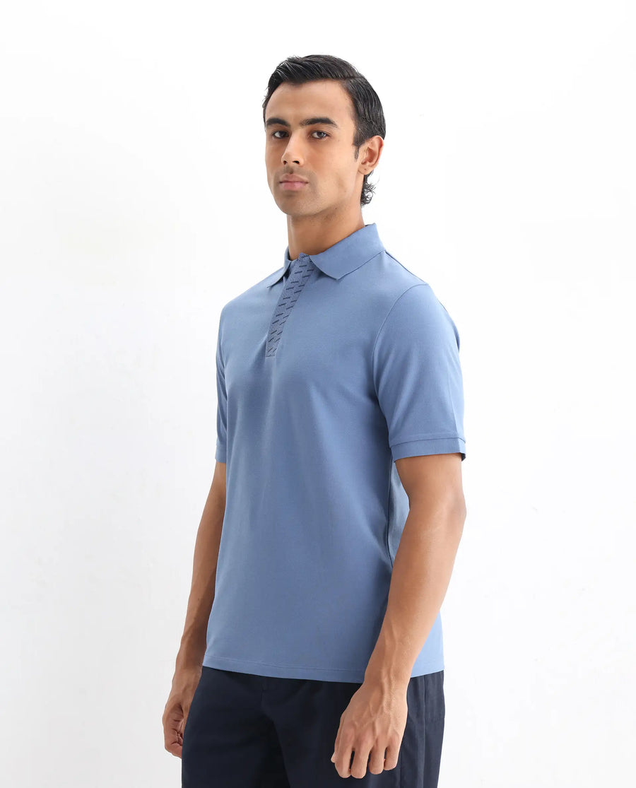 Rare Rabbit Men's Arko Blue Cotton Blend Plain Regular Fit Half Sleeve Polo