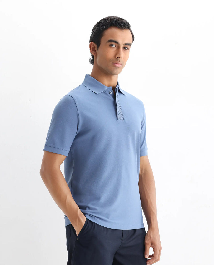 Rare Rabbit Men's Arko Blue Cotton Blend Plain Regular Fit Half Sleeve Polo