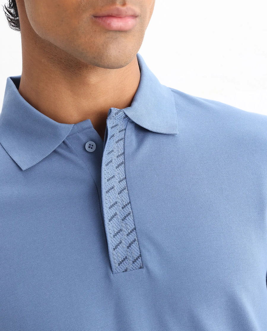 Rare Rabbit Men's Arko Blue Cotton Blend Plain Regular Fit Half Sleeve Polo