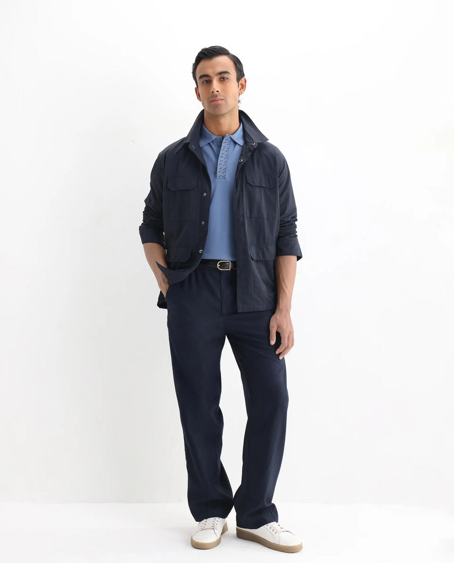 Rare Rabbit Men's Arko Blue Cotton Blend Plain Regular Fit Half Sleeve Polo