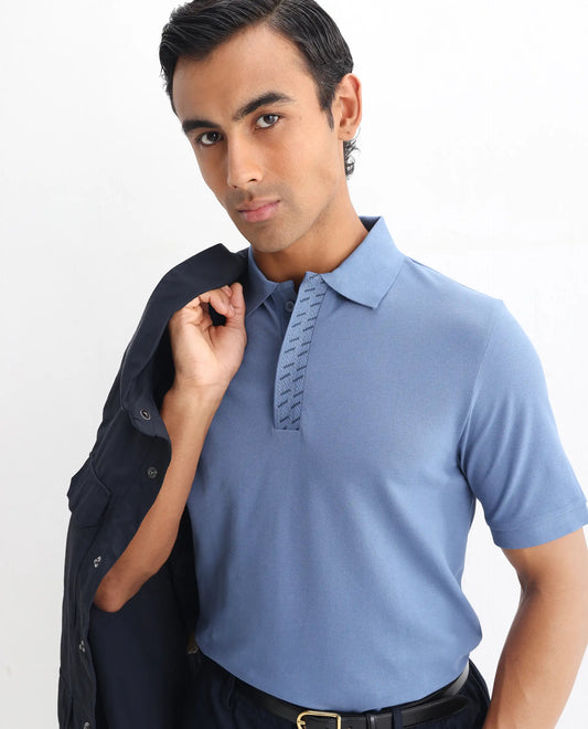 Rare Rabbit Men's Arko Blue Cotton Blend Plain Regular Fit Half Sleeve Polo