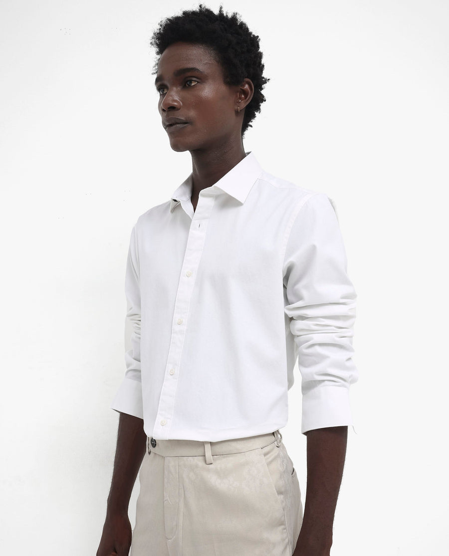 Rare Rabbit Men's Arlet White Cotton Plain Regular Fit Full Sleeve Collared Shirt