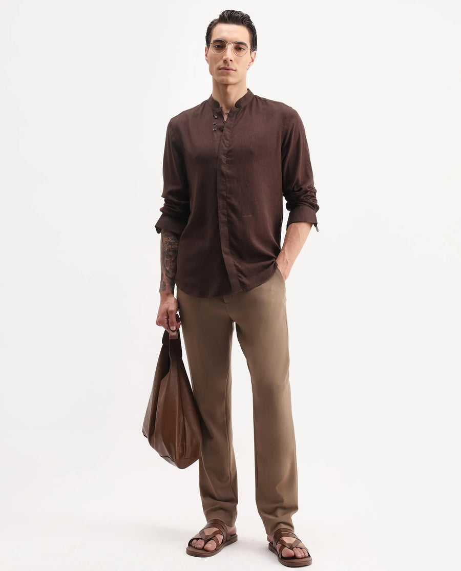 Rare Rabbit Men Austi-Aw25 Dark Beige Polyester Blend Fabric Button Closure Regular Fit Plain Trouser