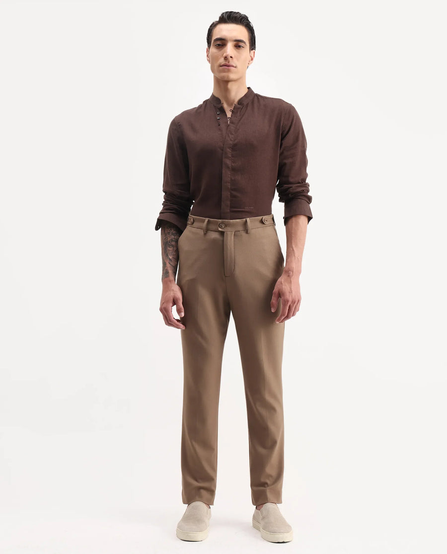 Rare Rabbit Men Austi-Aw25 Dark Beige Polyester Blend Fabric Button Closure Regular Fit Plain Trouser