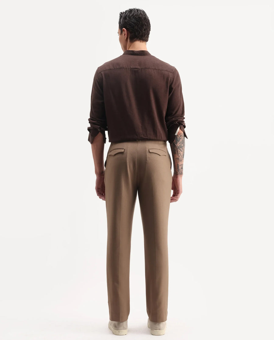 Rare Rabbit Men Austi-Aw25 Dark Beige Polyester Blend Fabric Button Closure Regular Fit Plain Trouser