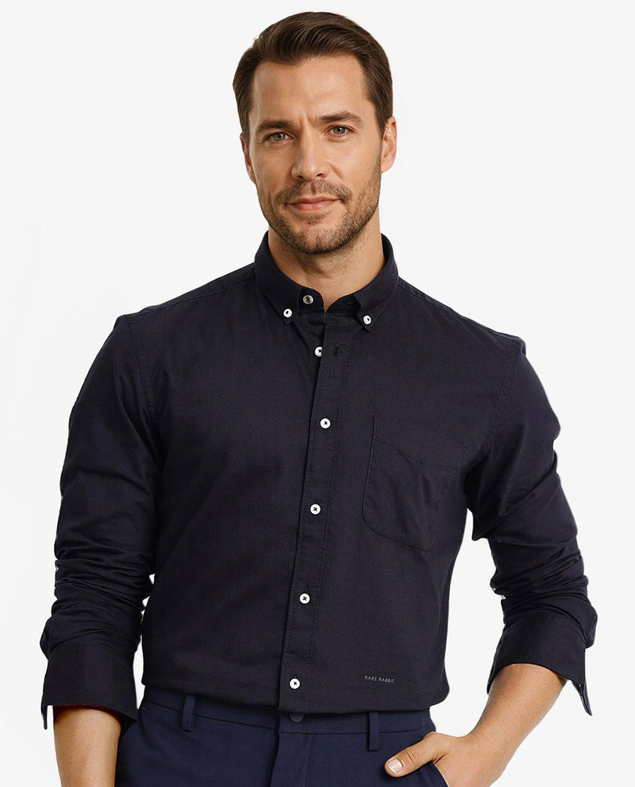 Rare Rabbit Men's Auxfo Black Cotton Plain Regular Fit Full Sleeve Button-Down Collar Shirt