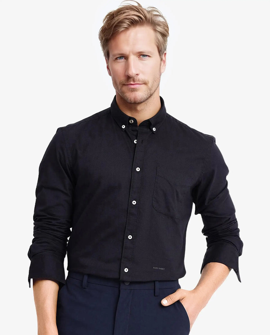Rare Rabbit Men's Auxfo Black Cotton Plain Regular Fit Full Sleeve Button-Down Collar Shirt