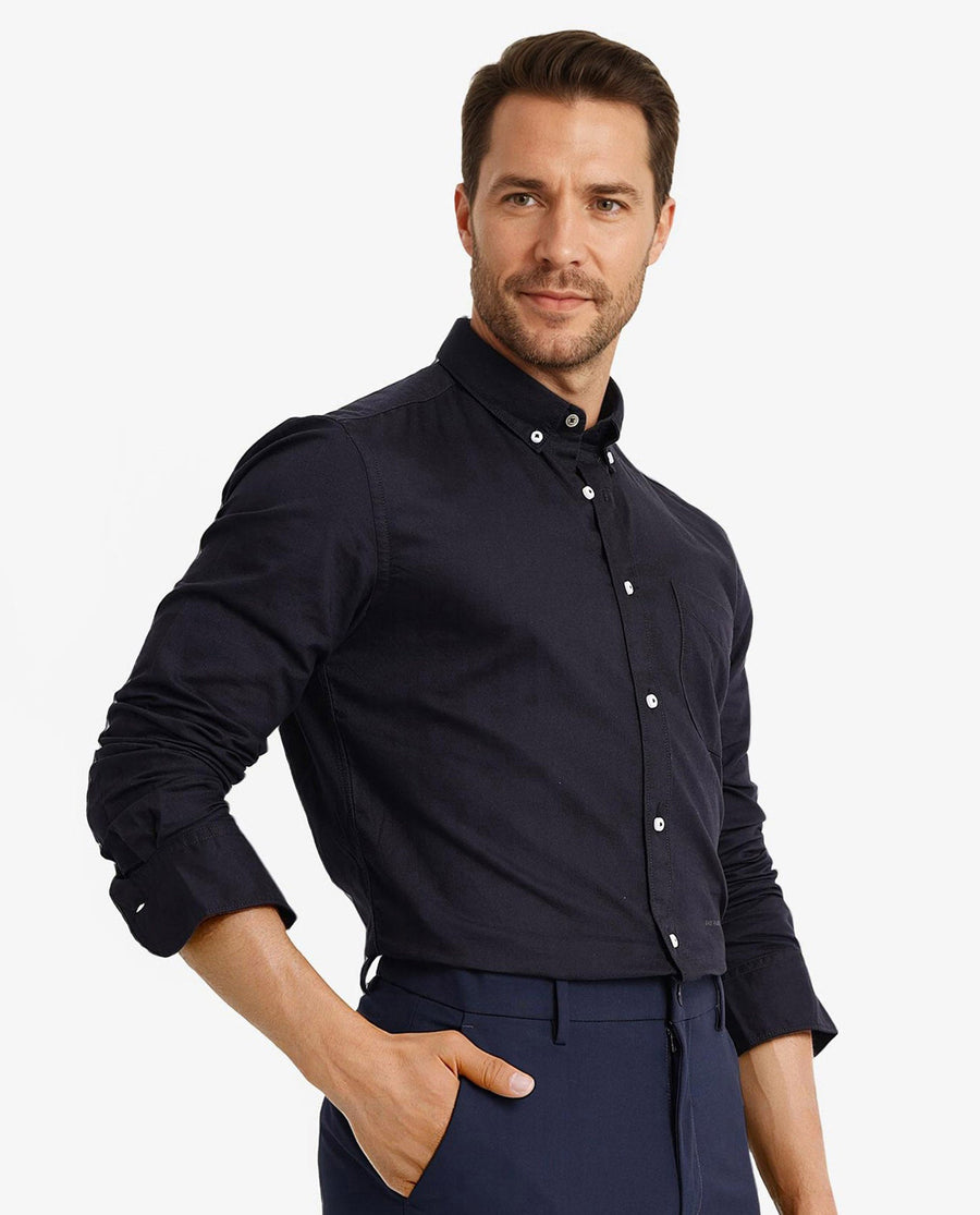 Rare Rabbit Men's Auxfo Black Cotton Plain Regular Fit Full Sleeve Button-Down Collar Shirt