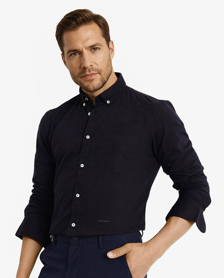 Rare Rabbit Men's Auxfo Black Cotton Plain Regular Fit Full Sleeve Button-Down Collar Shirt