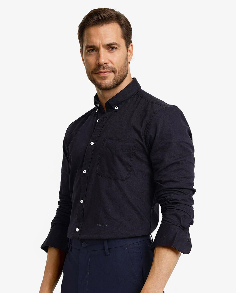 Rare Rabbit Men's Auxfo Black Cotton Plain Regular Fit Full Sleeve Button-Down Collar Shirt