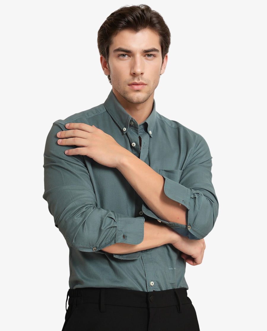 Rare Rabbit Men's Auxfo Light Petrol Cotton Plain Regular Fit Full Sleeve Button-Down Collar Shirt