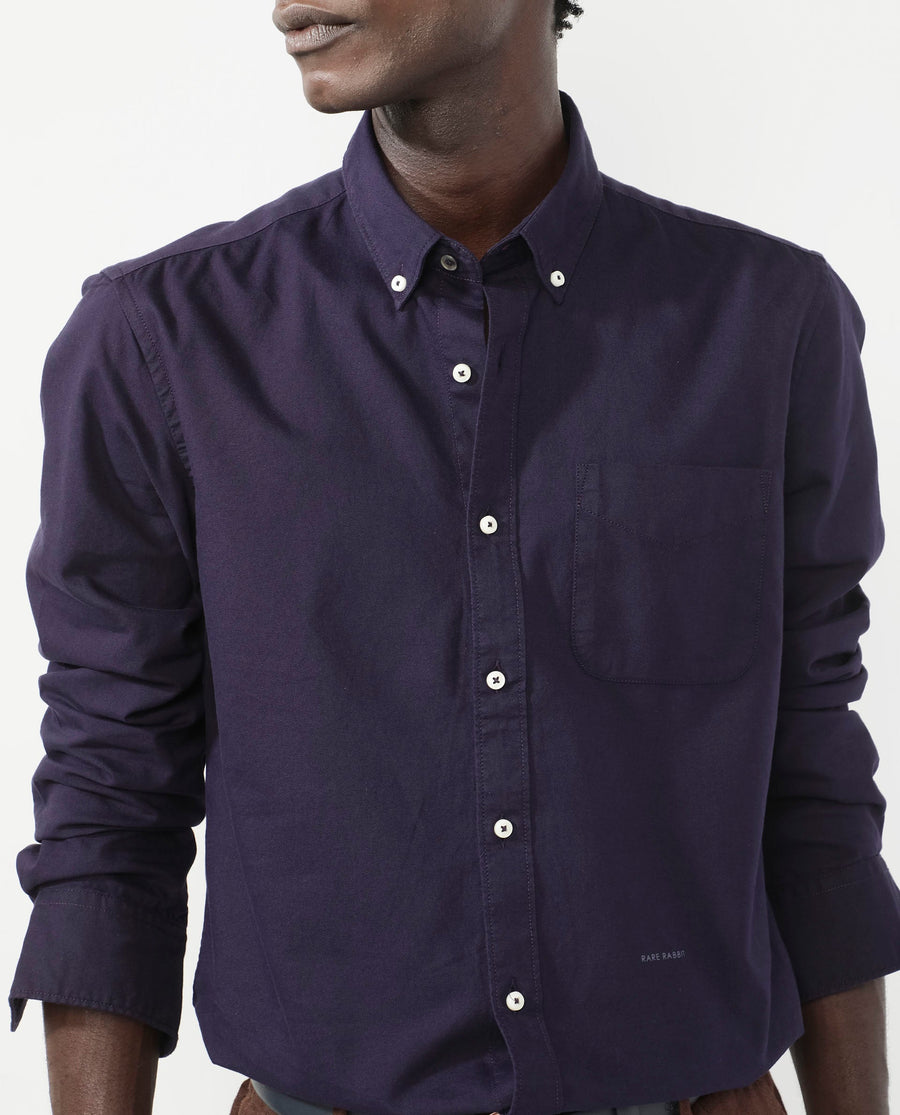 Rare Rabbit Men's Auxfo Dark Purple Cotton Plain Regular Fit Full Sleeve Button-Down Collar Shirt