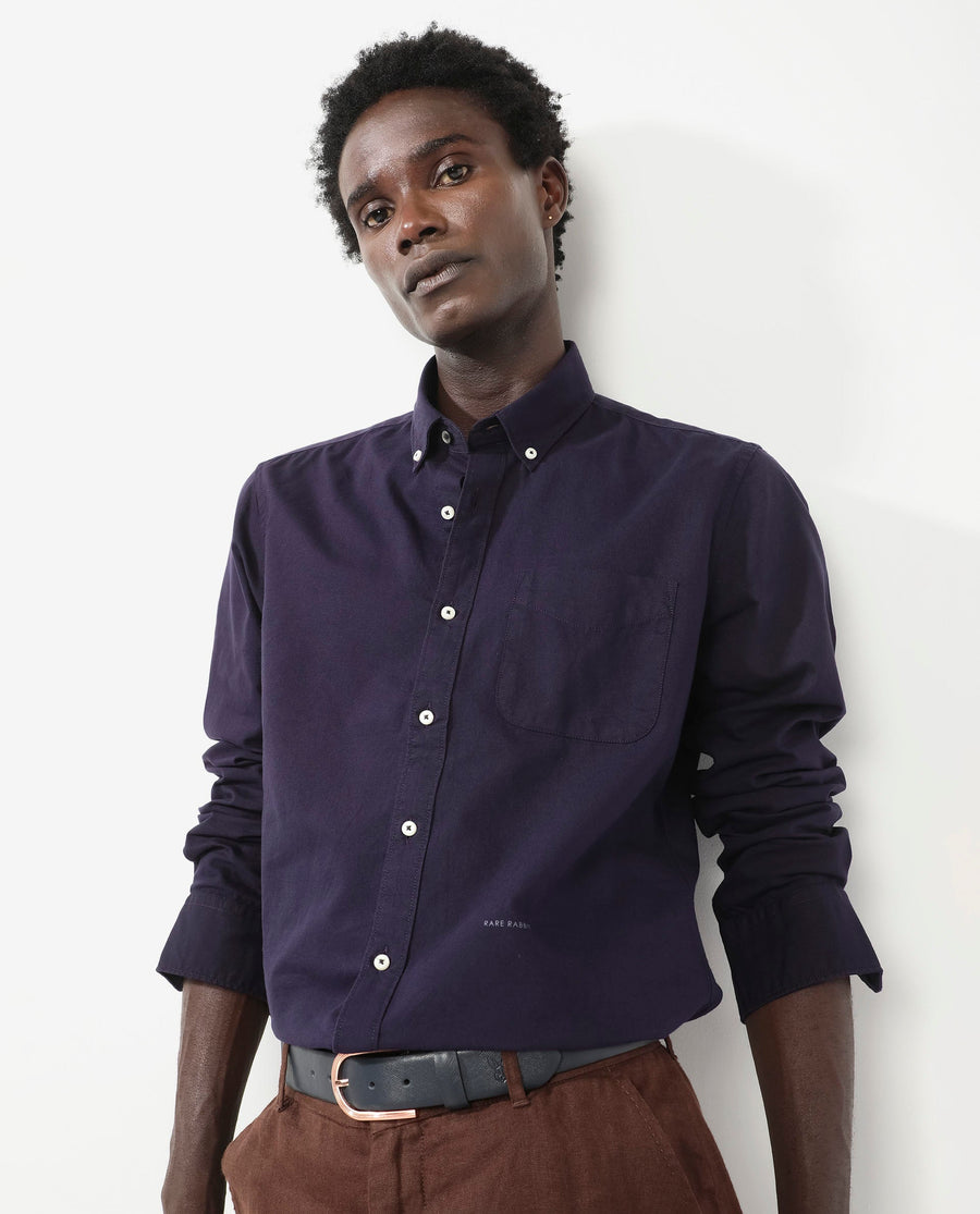 Rare Rabbit Men's Auxfo Dark Purple Cotton Plain Regular Fit Full Sleeve Button-Down Collar Shirt