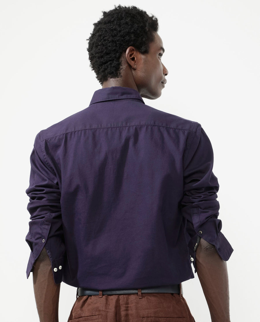 Rare Rabbit Men's Auxfo Dark Purple Cotton Plain Regular Fit Full Sleeve Button-Down Collar Shirt