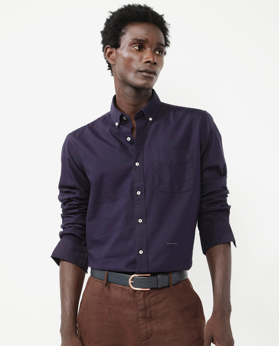 Rare Rabbit Men's Auxfo Dark Purple Cotton Plain Regular Fit Full Sleeve Button-Down Collar Shirt