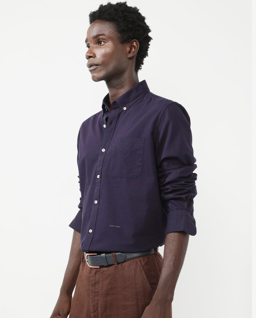 Rare Rabbit Men's Auxfo Dark Purple Cotton Plain Regular Fit Full Sleeve Button-Down Collar Shirt