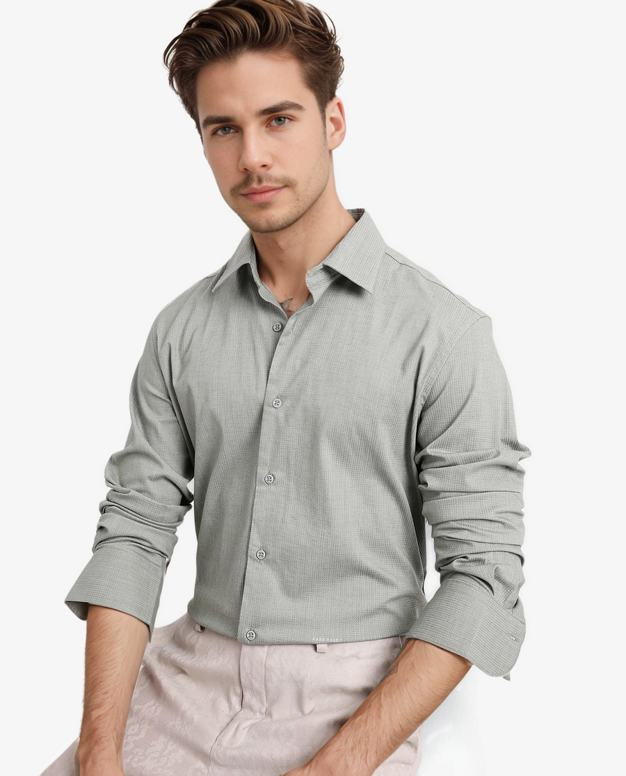 Rare Rabbit Men's Auxon Dusky Green Cotton Textured Regular Fit Full Sleeve Collared Shirt