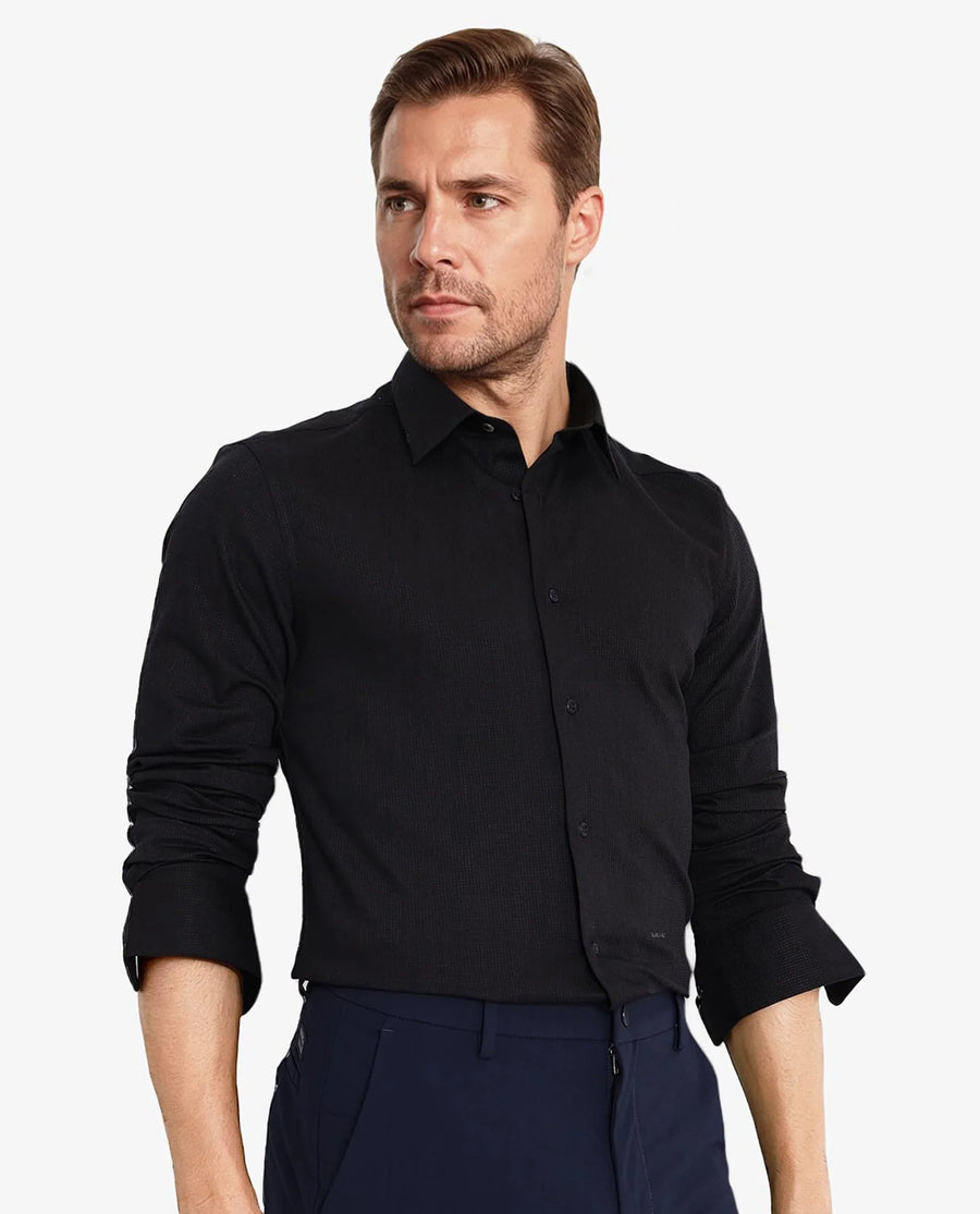 Rare Rabbit Men's Auxon Black Cotton Textured Regular Fit Full Sleeve Collared Shirt