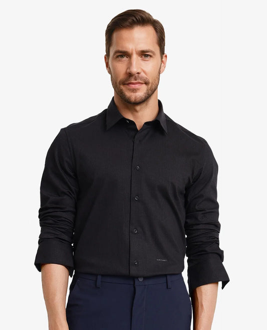 Rare Rabbit Men's Auxon Black Cotton Textured Regular Fit Full Sleeve Collared Shirt