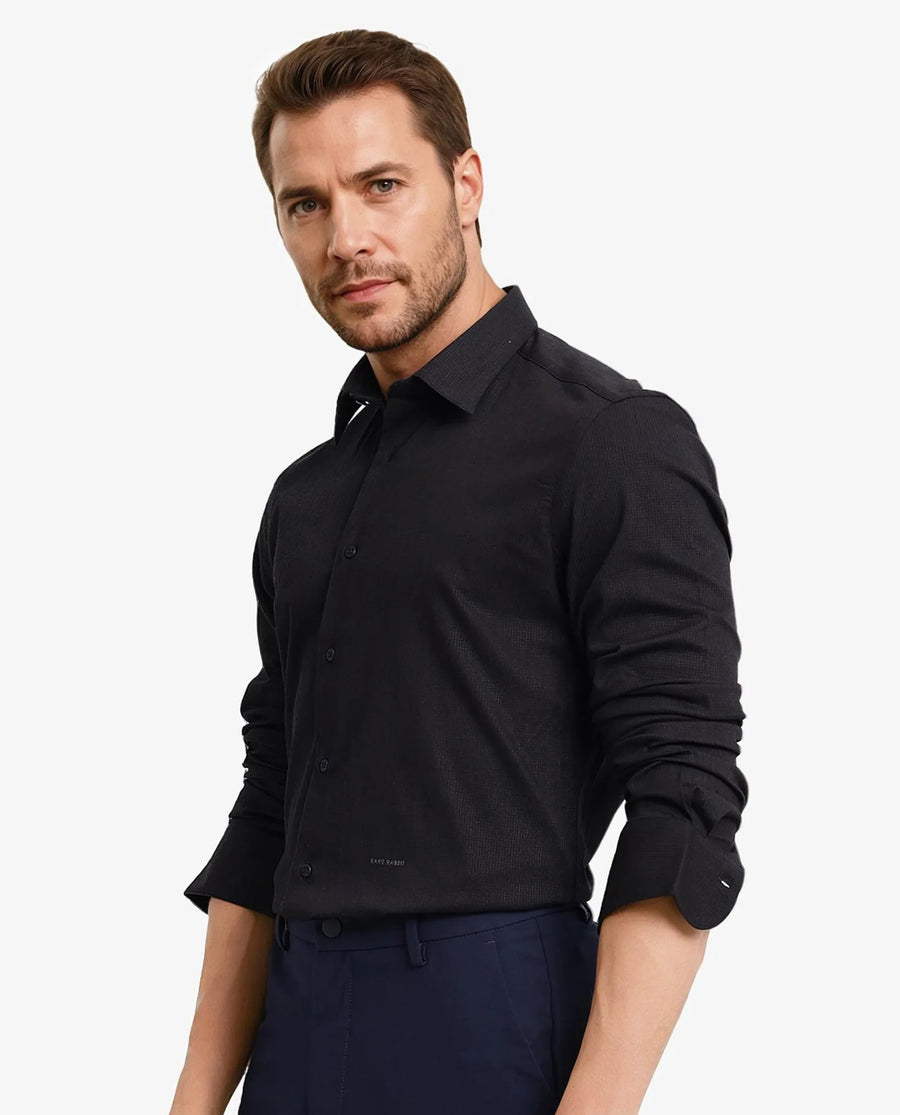 Rare Rabbit Men's Auxon Black Cotton Textured Regular Fit Full Sleeve Collared Shirt