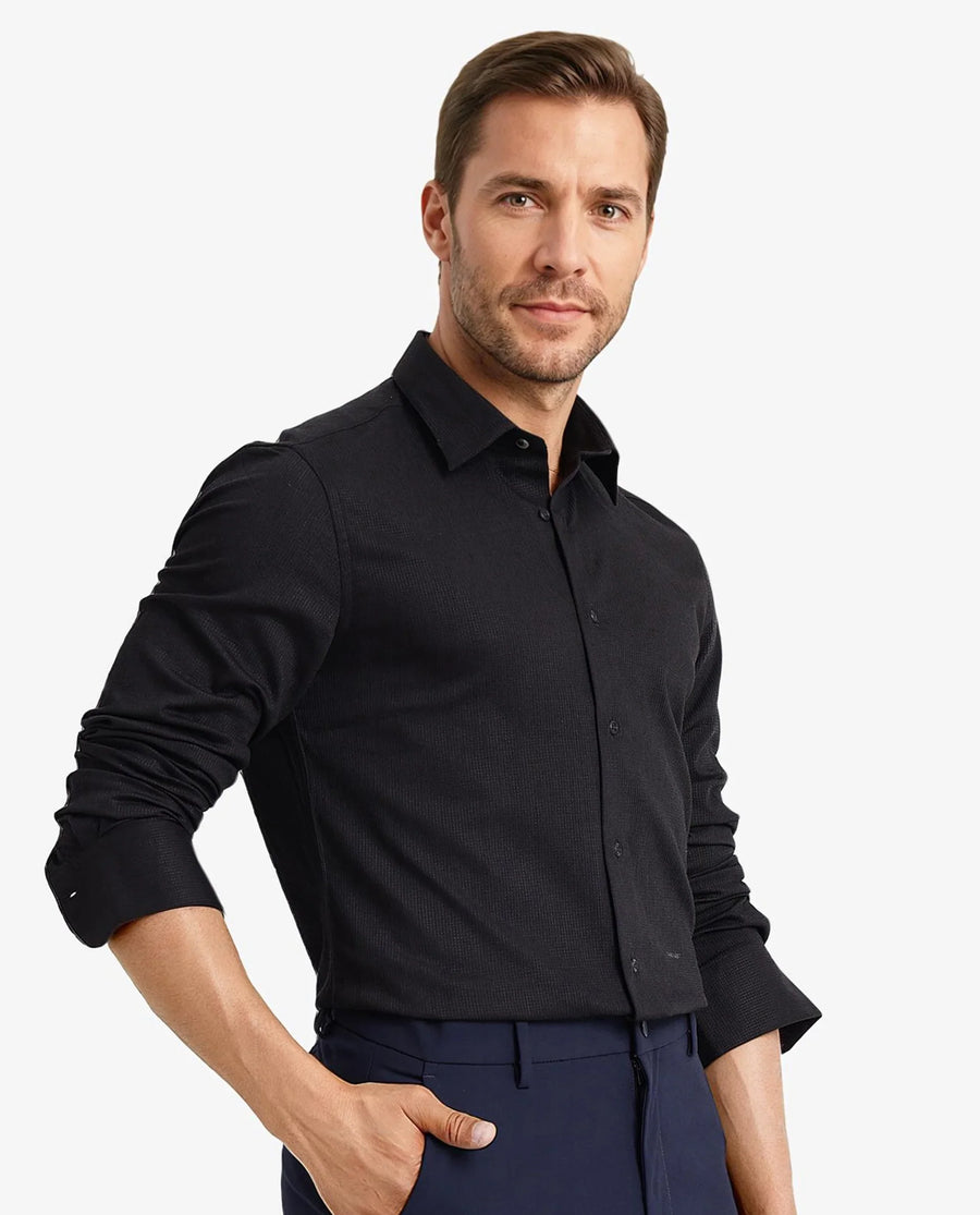 Rare Rabbit Men's Auxon Black Cotton Textured Regular Fit Full Sleeve Collared Shirt