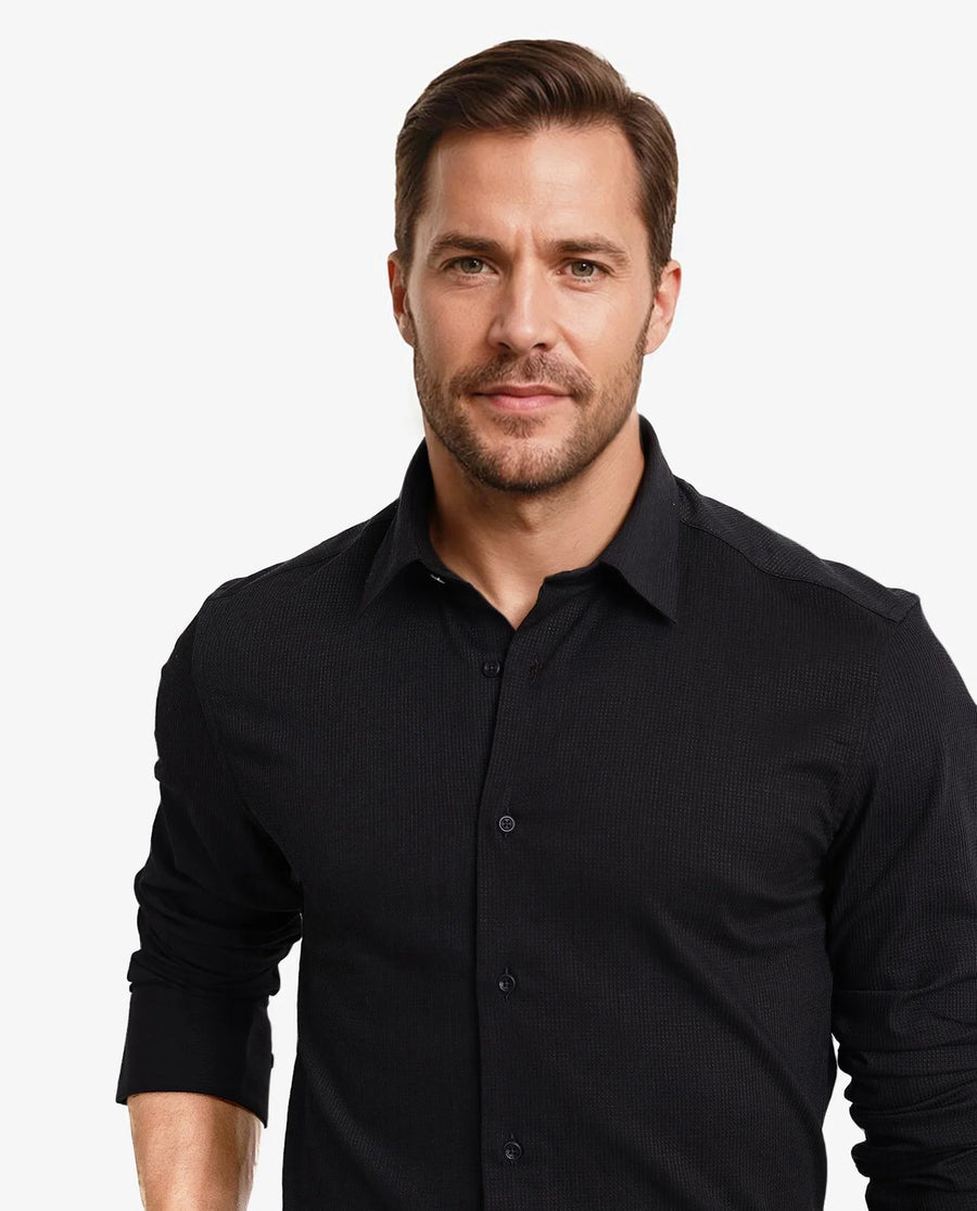 Rare Rabbit Men's Auxon Black Cotton Textured Regular Fit Full Sleeve Collared Shirt