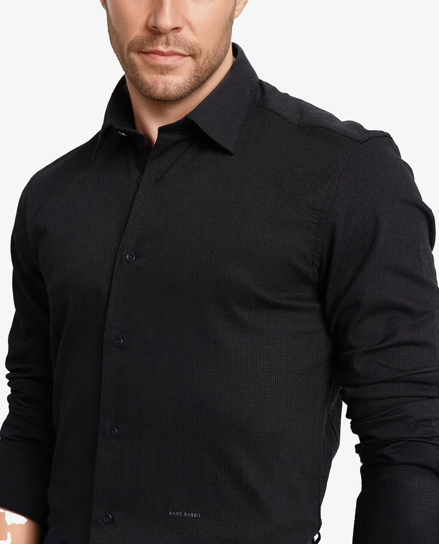 Rare Rabbit Men's Auxon Black Cotton Textured Regular Fit Full Sleeve Collared Shirt