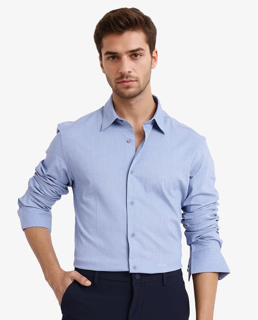 Rare Rabbit Men's Auxon Dusky Blue Cotton Textured Regular Fit Full Sleeve Collared Shirt