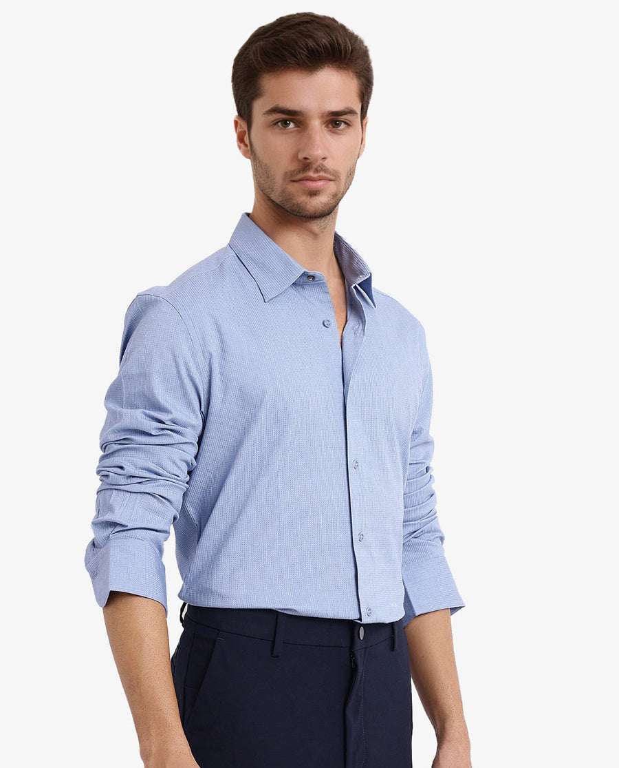 Rare Rabbit Men's Auxon Dusky Blue Cotton Textured Regular Fit Full Sleeve Collared Shirt