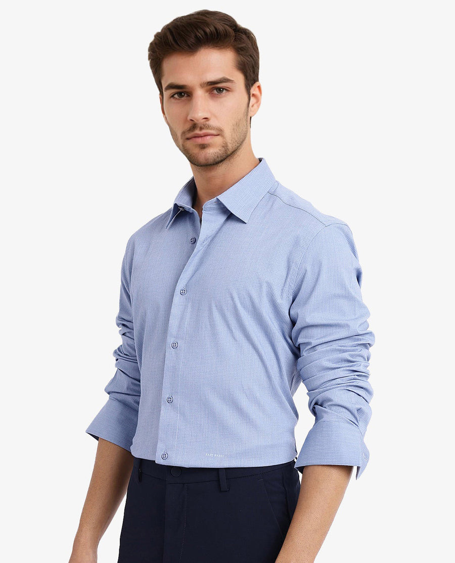 Rare Rabbit Men's Auxon Dusky Blue Cotton Textured Regular Fit Full Sleeve Collared Shirt