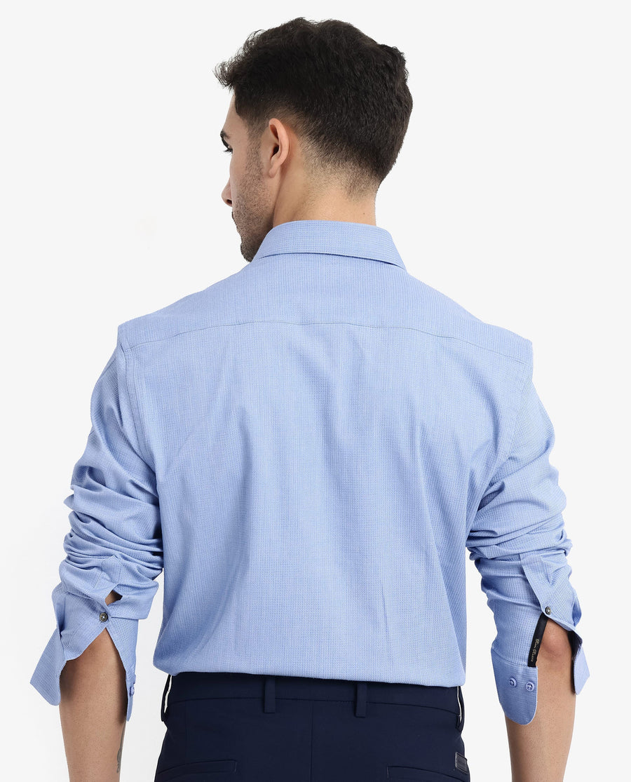 Rare Rabbit Men's Auxon Dusky Blue Cotton Textured Regular Fit Full Sleeve Collared Shirt