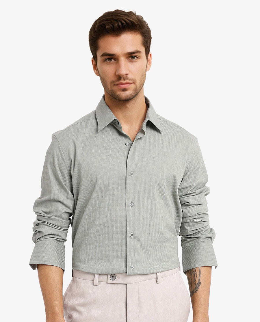 Rare Rabbit Men's Auxon Dusky Green Cotton Textured Regular Fit Full Sleeve Collared Shirt