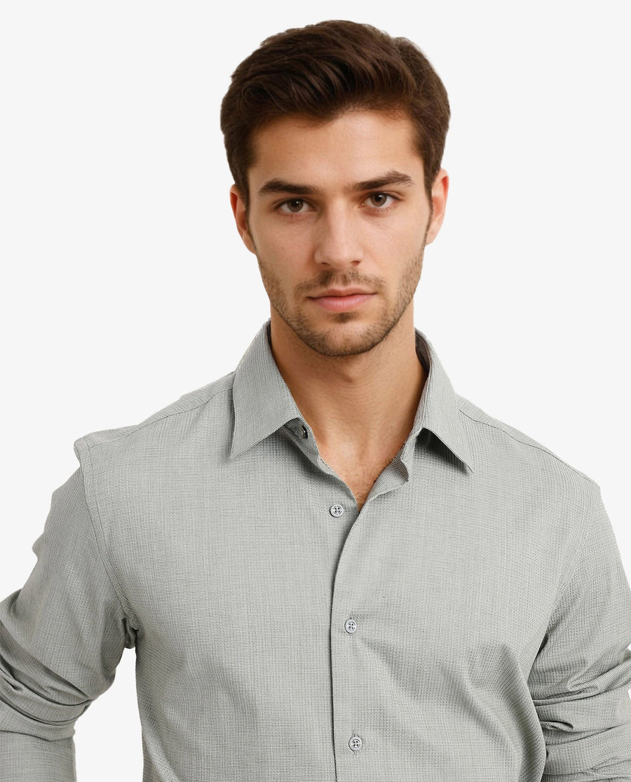 Rare Rabbit Men's Auxon Dusky Green Cotton Textured Regular Fit Full Sleeve Collared Shirt