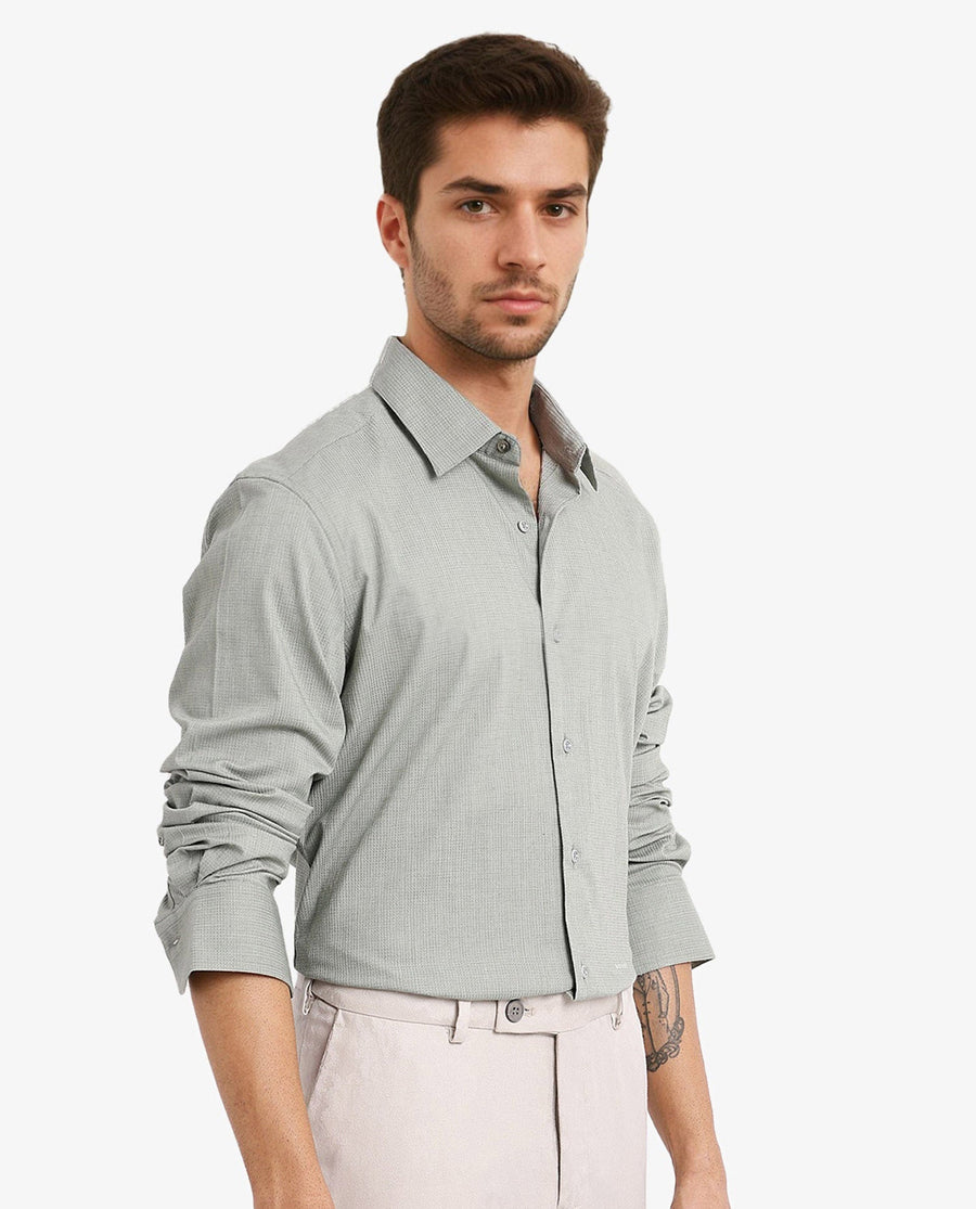 Rare Rabbit Men's Auxon Dusky Green Cotton Textured Regular Fit Full Sleeve Collared Shirt