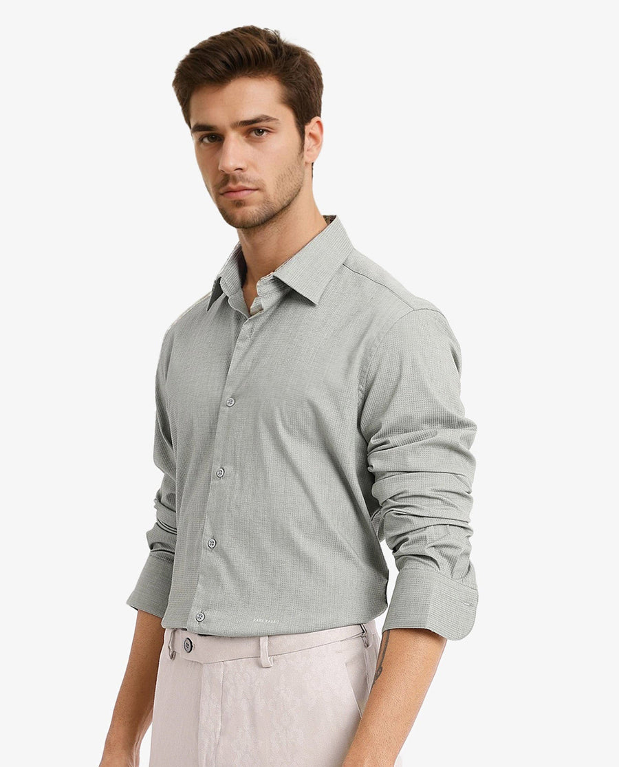Rare Rabbit Men's Auxon Dusky Green Cotton Textured Regular Fit Full Sleeve Collared Shirt