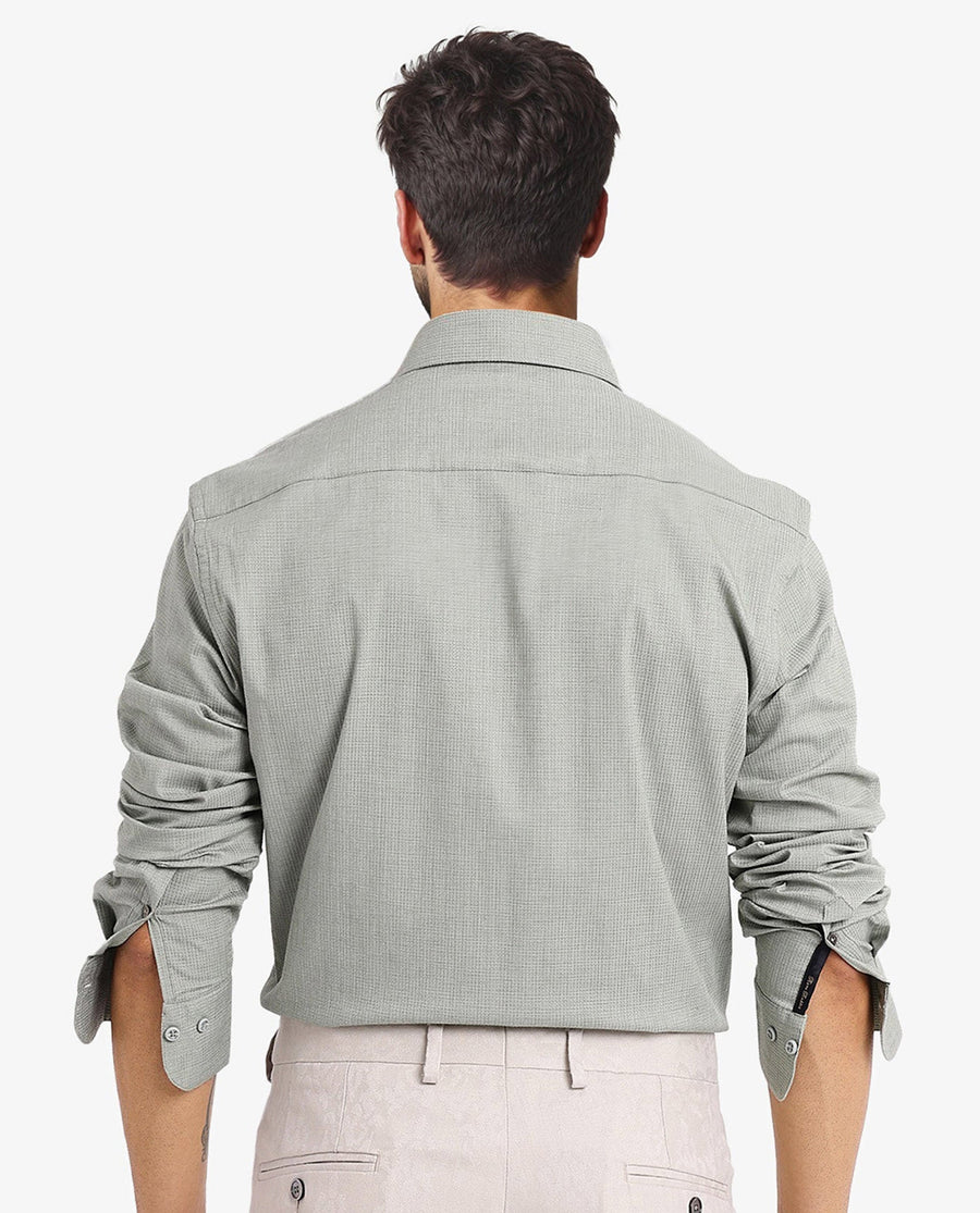 Rare Rabbit Men's Auxon Dusky Green Cotton Textured Regular Fit Full Sleeve Collared Shirt