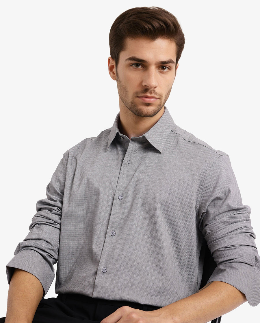 Rare Rabbit Men's Auxon Grey Cotton Textured Regular Fit Full Sleeve Collared Shirt