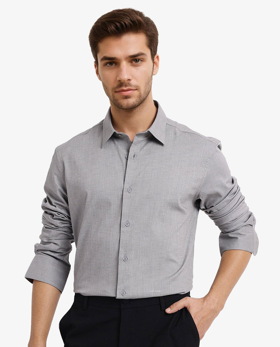 Rare Rabbit Men's Auxon Grey Cotton Textured Regular Fit Full Sleeve Collared Shirt