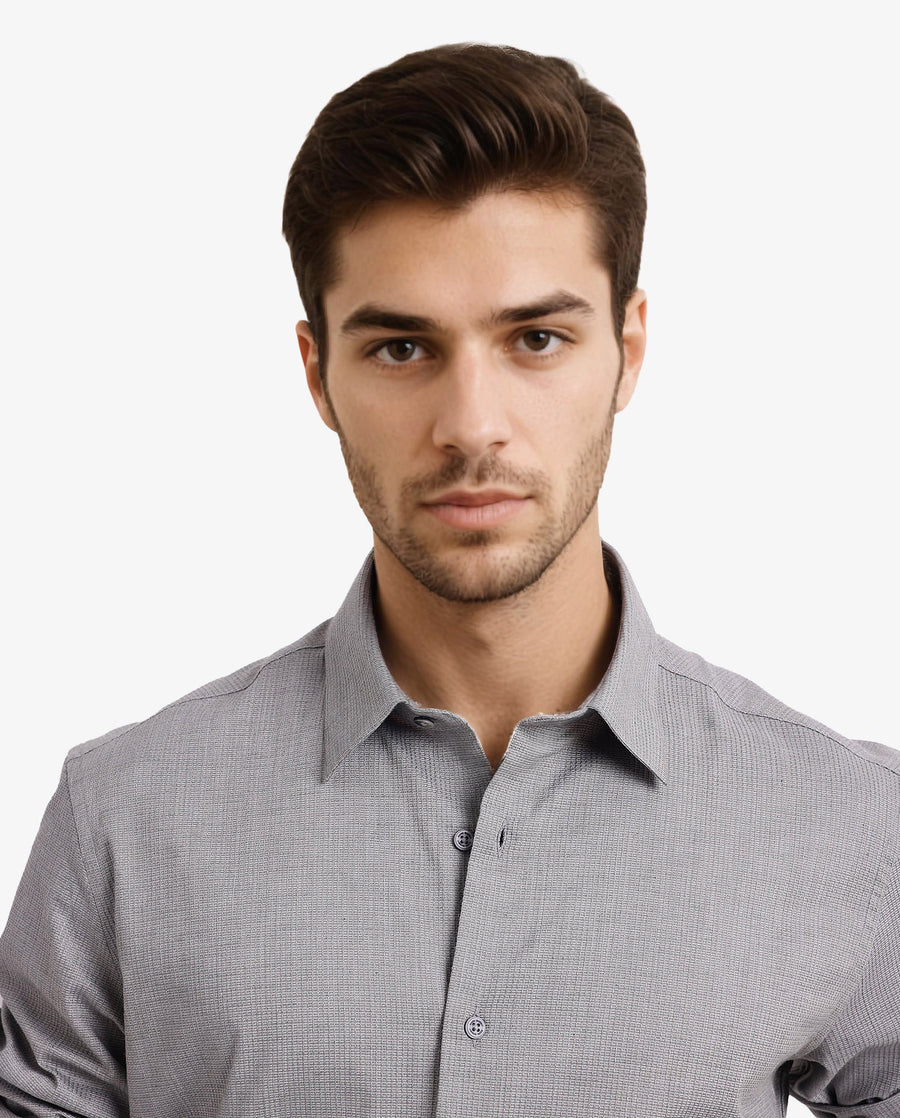 Rare Rabbit Men's Auxon Grey Cotton Textured Regular Fit Full Sleeve Collared Shirt