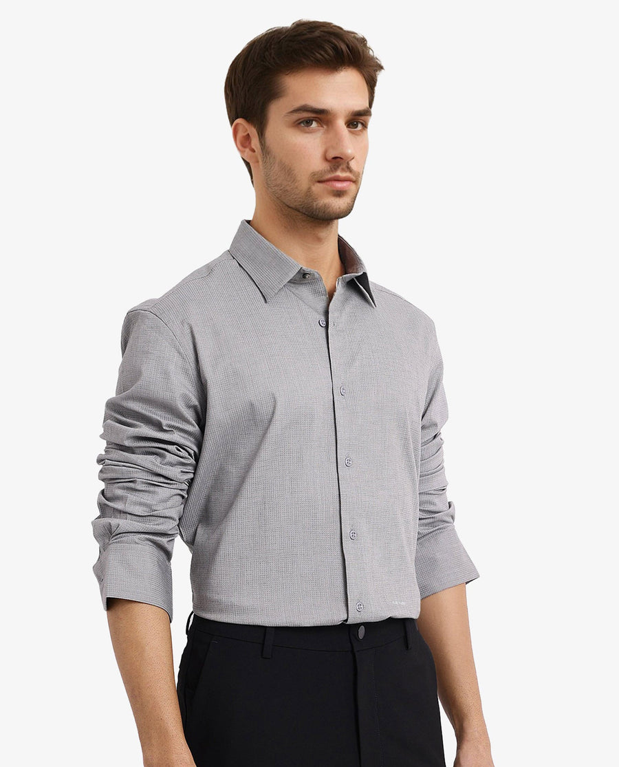Rare Rabbit Men's Auxon Grey Cotton Textured Regular Fit Full Sleeve Collared Shirt