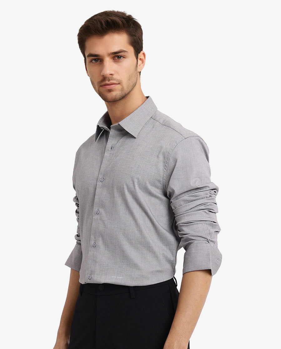 Rare Rabbit Men's Auxon Grey Cotton Textured Regular Fit Full Sleeve Collared Shirt