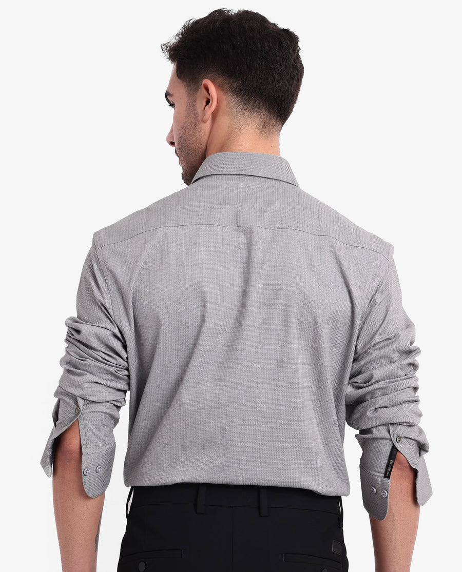 Rare Rabbit Men's Auxon Grey Cotton Textured Regular Fit Full Sleeve Collared Shirt