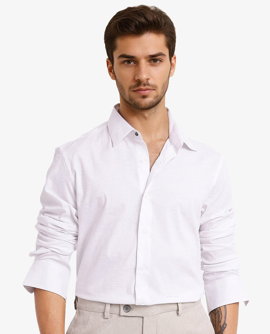 Rare Rabbit Men's Auxon White Cotton Textured Regular Fit Full Sleeve Collared Shirt